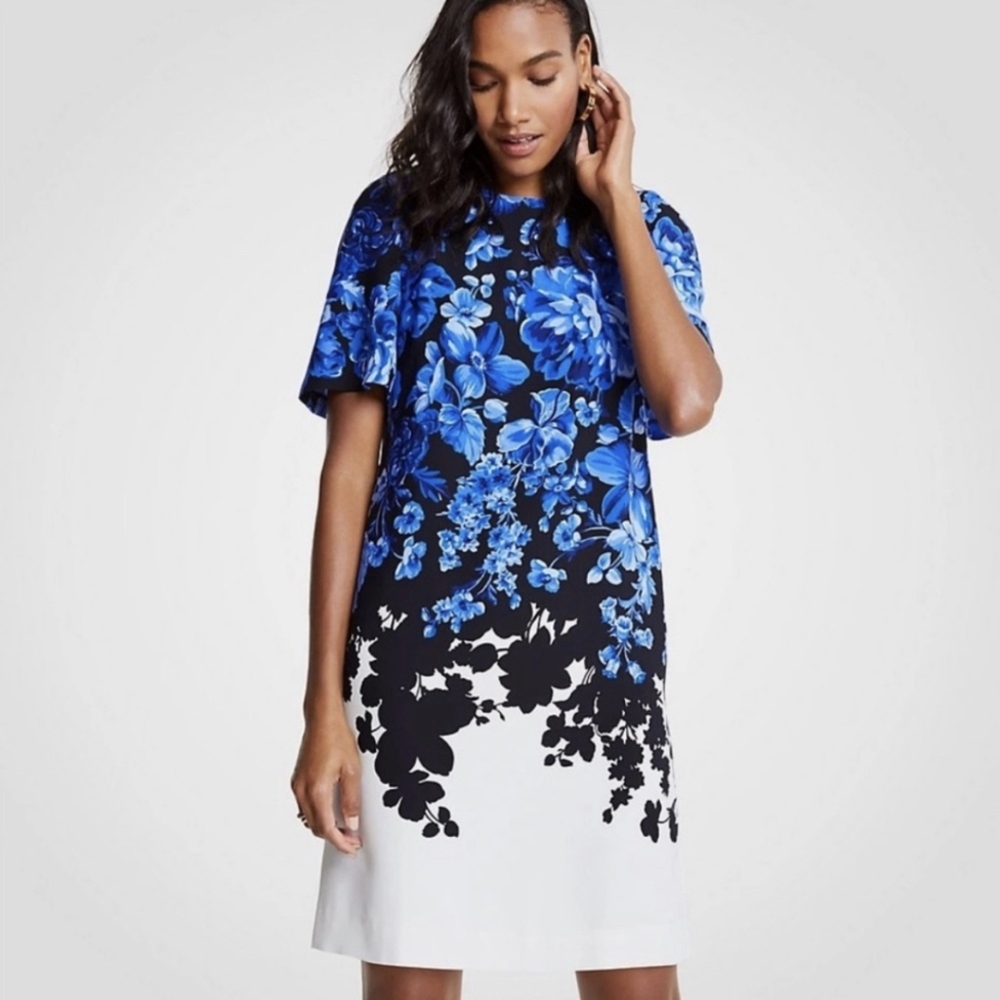 Ann Taylor Woman's Blue Floral Toile Flare Sleeve Shift Dress $129 size 6